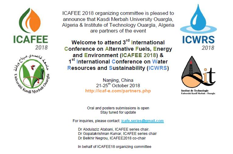 1St International Conférence on Water Resources and Sustainability (ICWRS), &  3rd International Conférence on Alternative Fuels, Energy and Environment (ICAFEE)
